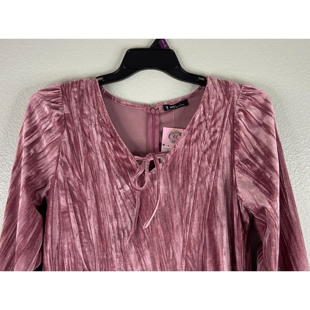 Very J Women Large Velvet Feel Short Dress Pink Tie Neck Party Casual - Picture 2 of 8